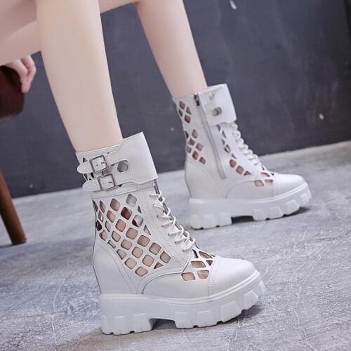2020 PU Summer Increase Ankle Boots High Heels Women Shoes Sexy Lady Chelsea Boots Thick bottom Cutout Breathable Shoes Size 34