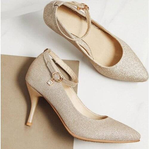 Women Shoes Sexy High Heels Plus Size Bling Glitter Stiletto Heel Pumps Spring Pointed Toe Ankle Strap Wedding Ladies Shoes