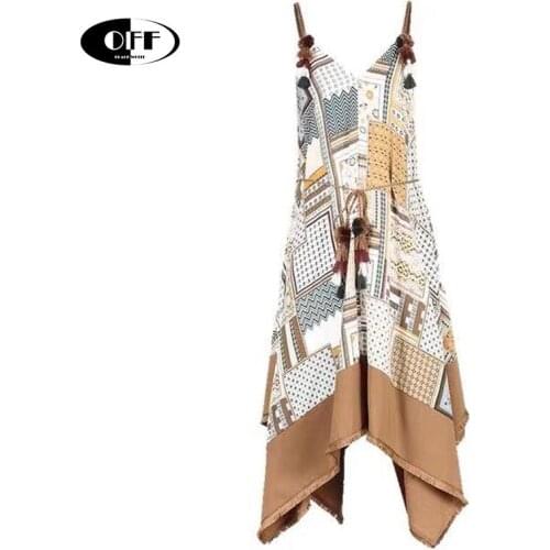 Holiday Beach Chic Loose Midi Irregular Dress Summer Sexy Vintage Printed Tassel Traf Spaghetti Strap Bohemia Dresses Women Robe