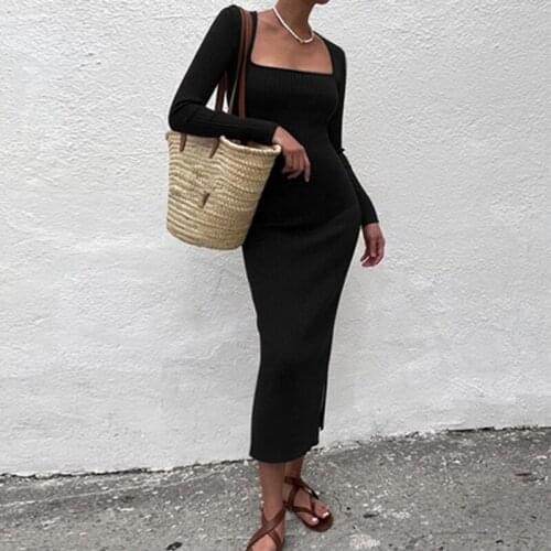2021 Square Neck Long Sleeve Bodycon Dress Midi Black Autumn Winter Sexy Brown Basic Club Party Dresses Casual Y2K