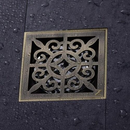 Antique High quality material brass copper 100 x 100mm 4 inch square anti-odor floor drain Art bathroom shower drainer