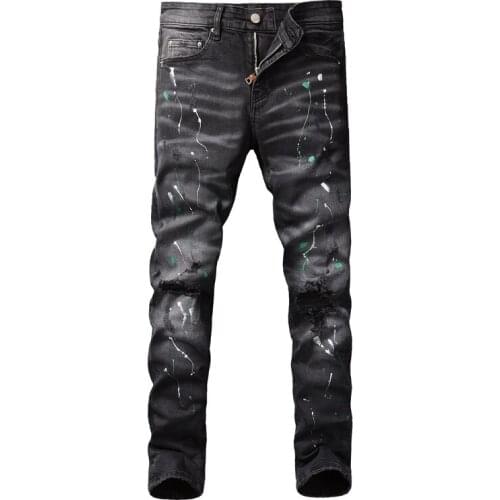 American Street Fashion Designer Men Jeans Retro Black Gray Slim Fit Ripped Jeans Men Painted Designer Hip Hop Denim Punk Pants