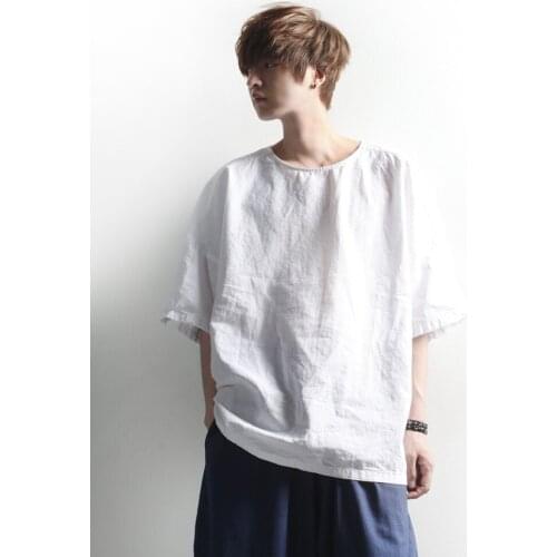 Summer mens T-shirt casual loose versatile fashion round neck linen short sleeve T-shirt handsome large size top