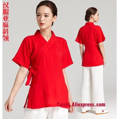 New Pattern Tai Chi Unifrom Woman Flax Taiji Boxing Performance Clothing Summer short sleeve linen Kung Fu Suit