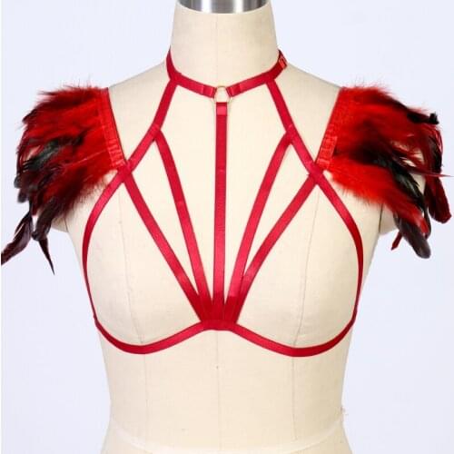 Red Feather Wings Harness Belt Bondage Body Harness BDSM Epaulettes Cape bra Elastic adjust Lingerie Goth Fetish dance wear