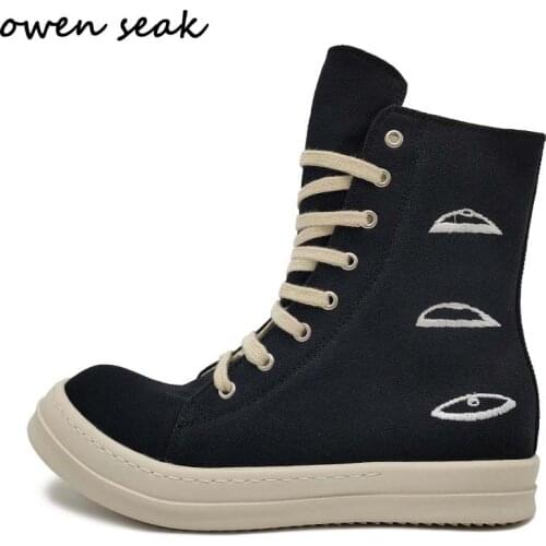 Owen Seak Men Casual Canvas Shoes Luxury Trainers Ankle Lace Up Women Sneaker Zip High-TOP Hip Hop Streetwear Flats Black Boots
