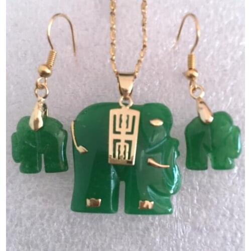 Natural Green red Jade Carved Elephant Pendant Necklace Earrings Set