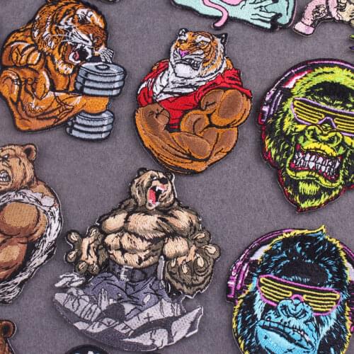 Tiger/Bear Patches On Clothes Punk Embroidered Patch For Clothing Thermoadhesive Patches Iron On Patch Appliques Animals Badges
