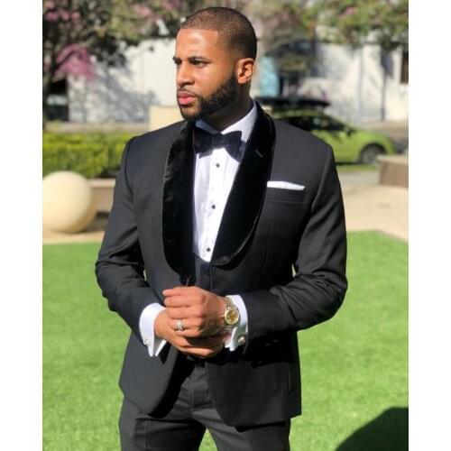 New Arrival Men Suits Black Groom Tuxedos Shawl Velvet Lapel Groomsmen Wedding Best Man ( Jacket+Pants+Vest+Tie ) C791