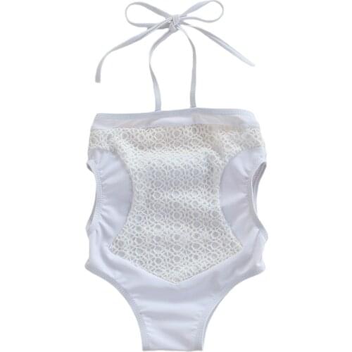 New Little Girls Swimsuit, Summer Children Hanging Neck Mesh Splicing Side Waist Hollow Sleeveless Swimwear