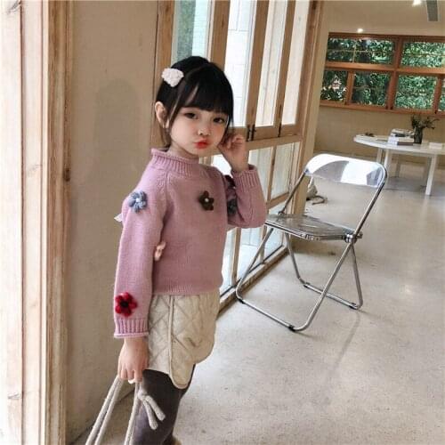 DFXD Baby Girl Flower Sweater 2020 Winter New Design Half High Collar Knitwear Pullover Korean Princess Girls Sweaters Tops