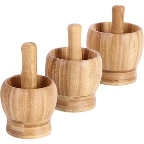 Manual Garlic Grinder Bamboo Mortar Pestle Set Herb Crush Pedestal Garlic