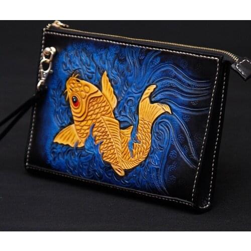Handmade Men Vegetable Tanned Leather Carvings Carp Bag Money Holder Clutch Purse Pocket Man Clutches Envelope Birthday Present