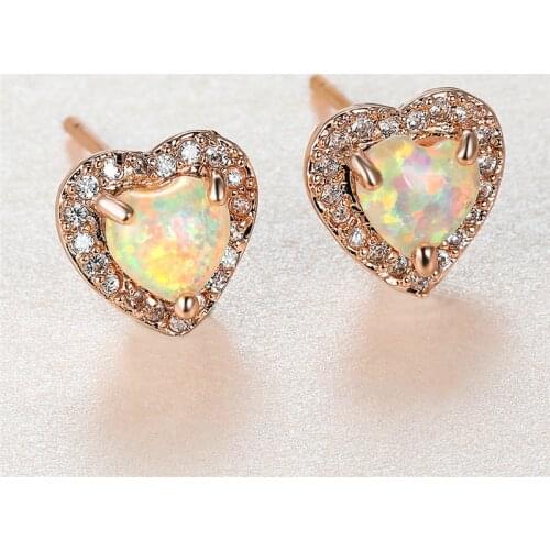 Luxury Female White Opal Stone Earrings Charm Rose Gold Color Stud Earrings Cute Bride Love Heart Wedding Earrings For Women