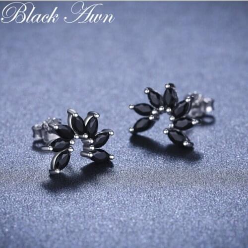 Simple 100% Genuine 925 Sterling Silver Jewelry Black Spinel Stone Star Cute Party Stud Earrings for Women Bijoux Femme I113