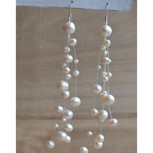 Unique Pearls jewellery Store 3-8MM White Color Illusion Genuine Freshwater Pearl Dangle Earrings Charming Women Gift Jewelry
