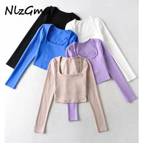 Nlzgmsj Za T shirt Women Summer Sexy Square Collar Knit Women Tee Fashion Long Sleeve Grey T-shirt Vintage T Shirt 202104
