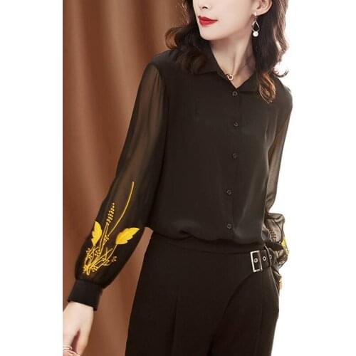 Women Spring Autumn Style Chiffon Blouses Shirts Lady Casual Long Sleeve Patchwork Embroidery Chiffon Blusas Tops DD8228