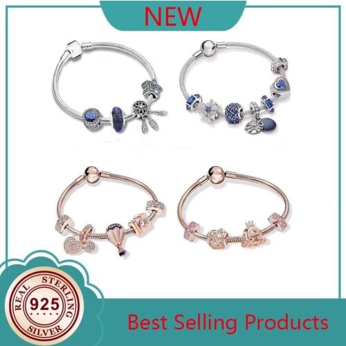100% 925 Sterling Silver Fashion Catch The Shadow Blue Snowflake Beaded Pan Bracelet For Women Wedding Party Fashion Jewelry
