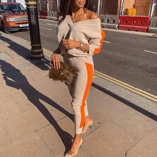Knitted Two Piece Set Autumn Winter V Neck Long Sleeve Top and Long Pants Women Set Casual Warm Sweater 2 Piece Set Women Outfit