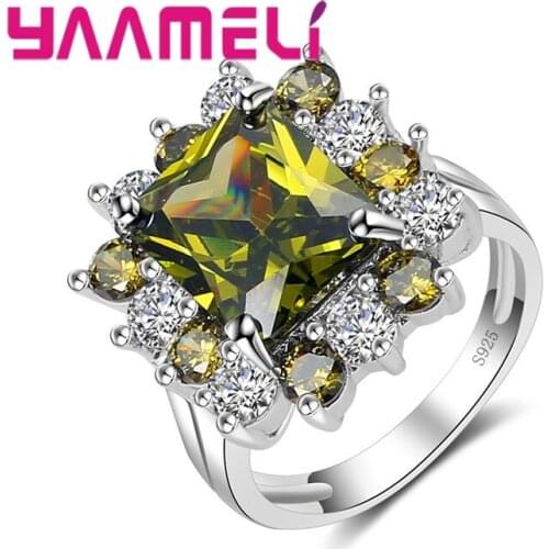 New Fashion 925 Sterling Silver Jewelry Olive Green Square Ring for Wedding Bridal Decoration Hot Selling Women Ring