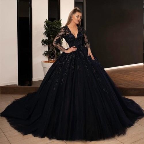 2021 Ball Gown Black Wedding Dresses Sequin Lace Appliques Bridal Gowns with Long Sleeve Lace-up Princess Party Dress Plus Size