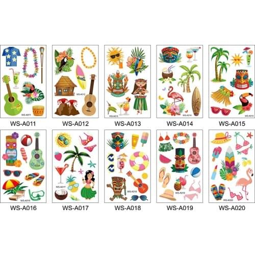 10pcs/set Tropical Hawaiian Tattoo Sticker Aloha Flamingo Temporary Tattoos Hawaii Luau Summer Party Decoration Supplies