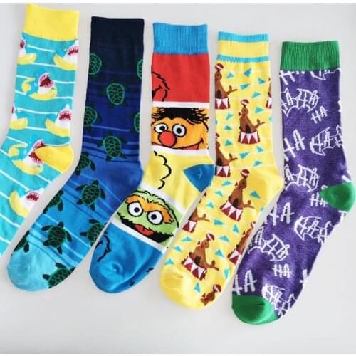 2021 New Men Knee-Socks Cartoon Animals Shark Turtle Sea Lion Bat Tube Socks Soft Cotton Spring Summer Casual Calcetines Hombre