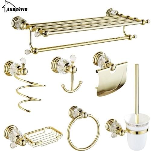Antique Gold Brass Polished Bathroom Hardware Set Crystal Bathroom Accessories set Er1 Wall Mounted Bathroom Products Set