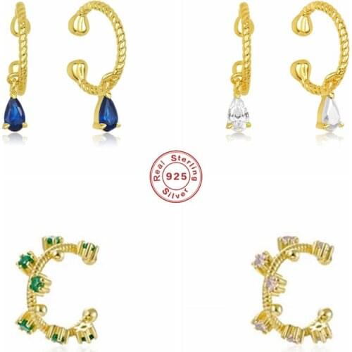 BOAKO 925 Sterling Silver Colorful EarCuff Clip Earrings Without Piercing Crystal Twist Circle Ear Cuff Zircon Pendant C Jewelry