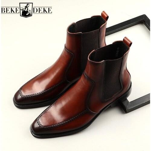 Retro Chelsea Boots Men Luxury Real Leather Pointed Dress Shoes Winter New Slip-On Thick Heel Business Ankle Boots Comfortable