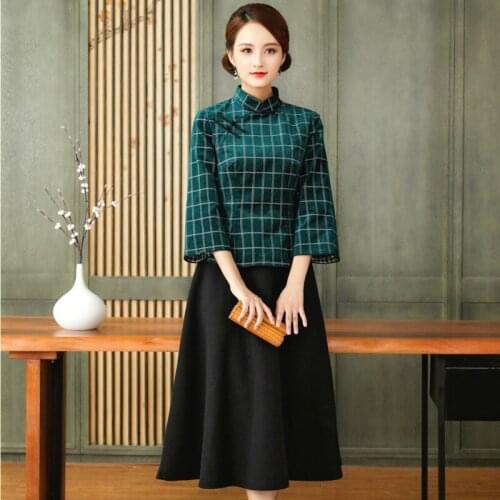 Women Elastic Cotton Corduroy Plaid Chinese Traditional Style Button Coat Cheongsam Sets Plus Size Long Sleeve Tops And Skirt