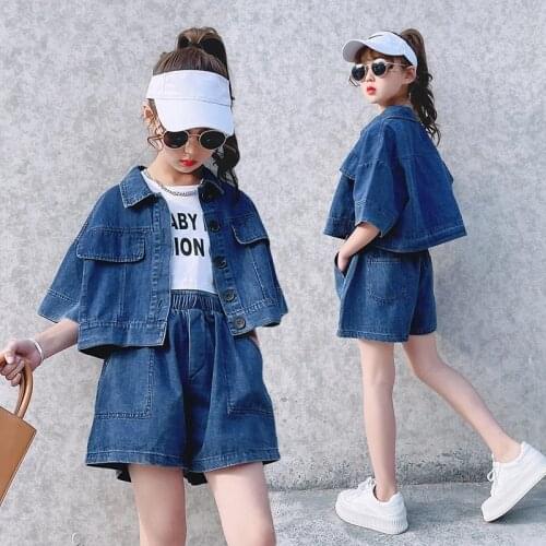 2021 Fashion Denim Clothing Set Summer Short Jacket Top+Shorts Jeans for teenage gir Two Pieces Thin Solid Children Tracksuits