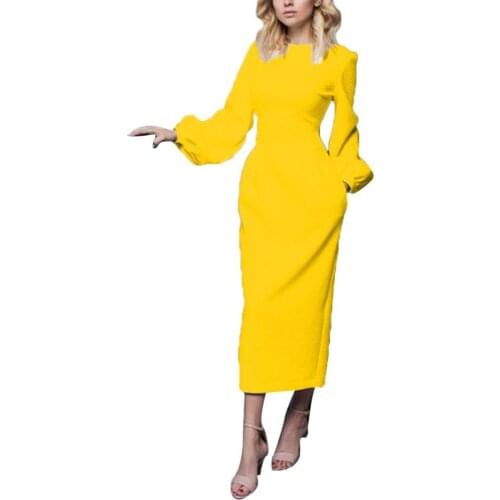 Elegant Women Solid Color O Neck Long Puff Sleeve Waist Tight Party Midi Dress O Neck Long Puff Sleeve Waist Tight Midi Dress