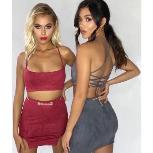 ITFABS Newest Arrivals Fashion Hot Women 2 Piece Bodycon Two Piece Crop Top and Skirt Set Lace Up Women Suit Party Club Wear Set