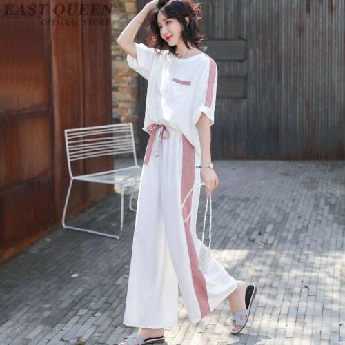 Summer Wide Leg Pants And Top Two Piece Set Womens Outfits Loose Casual Tracksuit Female Side Striped Outfit Korean AA4865