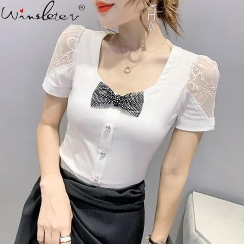 Summer Korean Style Cotton Pullover T-Shirt Chic Bowknot Patch Diamonds Button Women Tops Sexy Back Patchwork Lace Tees T16410A