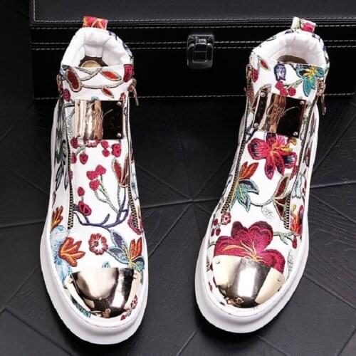 MR CO British Men Trendy flowers zipper Casual Flats high tops Shoes Male Wedding Moccasins Loafers Sapato Social Masculino