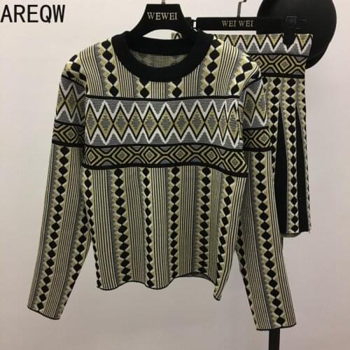 New Fashion Women Vintage Knit Sweater Skirts Sets Geometric Printed Female Woman Knitting Clothing Suits