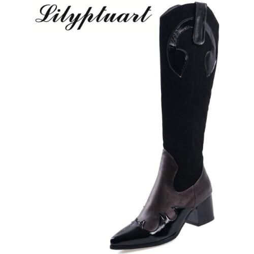 2019 autumn and winter new British wind long tube womens boots female thick with color matching retro pointed western boots