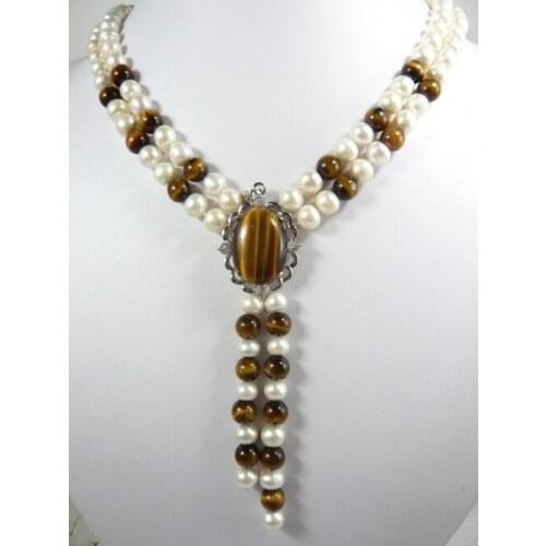 New arrive noble design jewelry white pearl + tiger eye jade necklace