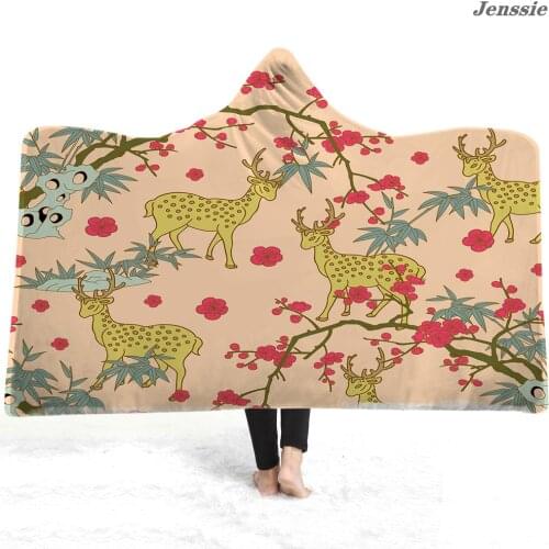 Cartoon Animal Hooded Blanket Sika Deer Dinosaur Giraffe Character Pattern Hoodie Blanket Travel Camping Microfiber Indian Style