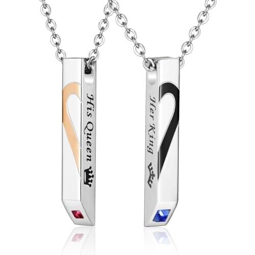 His Queen and Her King Couples Necklace Heart Love Crown Charm Cubic Zirconia Stainless Steel Cube Bar Romantic Gift