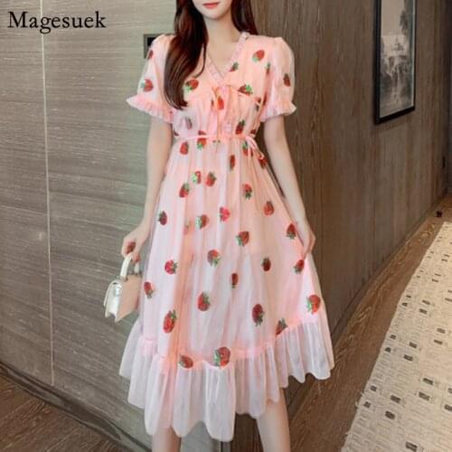 Korean Sweet V Neck Pink Dress Summer Vintage Mesh Sexy Party Strawberry Dress Women Lace-up Sequin Maxi Dresses Vestidos 14511