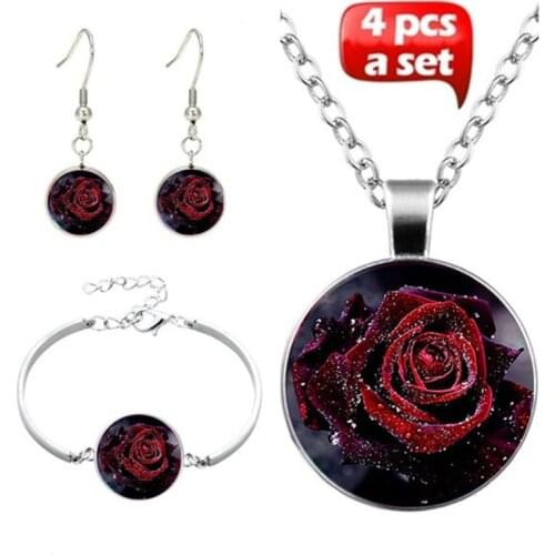 Handmade Fashion Jewelry Red Rose Glass Cabochon Necklace Stud Earrings Bracelet Bangle Set Totally 4Pcs Womens Jewelry Set