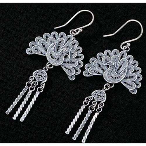 New S925 sterling silver vintage filigree, peacock opening screen tassel earrings for ladies high quality wild women earrings