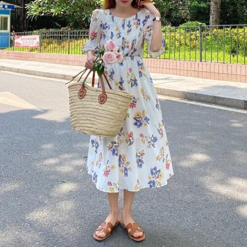 Snordic Women 2021Summer Vintage Round Collar Elastic Waist A-line Long Flower Dress Crimp Pleat Flare Sleeve Dress with Pockets