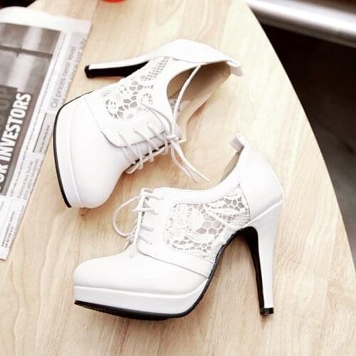 Brand Designer Sexy High Heels Womens Shoes Platform 2020 Spring Dress Shoes Woman Stiletto Lace up Work Office Shoes White Pink