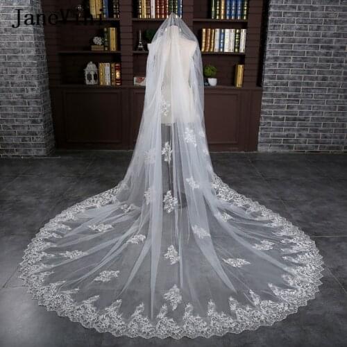 JaneVini Vintage One Layer White Bridal Wedding Veils with Comb Sequin Lace Appliques 3M Cathedral Long Wedding Hair Accessories