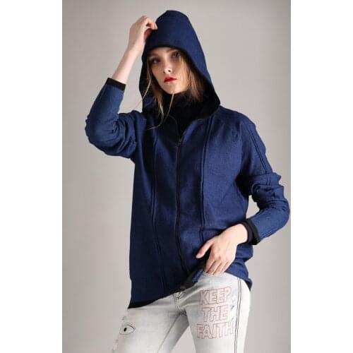 High grade 100% cotton knit womens new fashion hooded zipper sweatshirts warm thick dark blue S/M/L